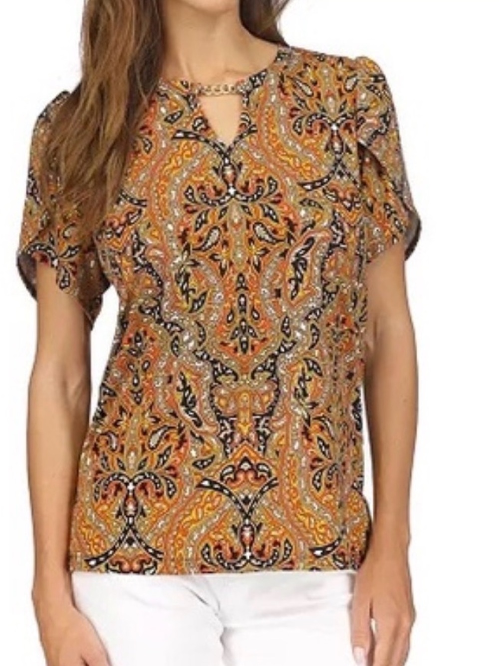 Michael Kors Orange Paisley Chain-Accent Short Sleeve Top Size Petite Medium